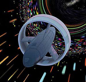Artist's impression of space craft fitted with the Alcubierre warp drive