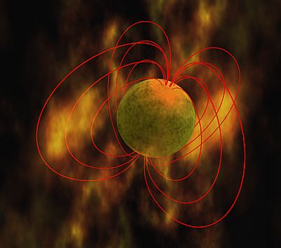 Artist's depiction of a magnetar, showing the magnetic field lines