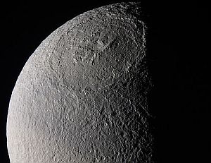 The huge crater Odysseus on Saturn's moon Tethys
